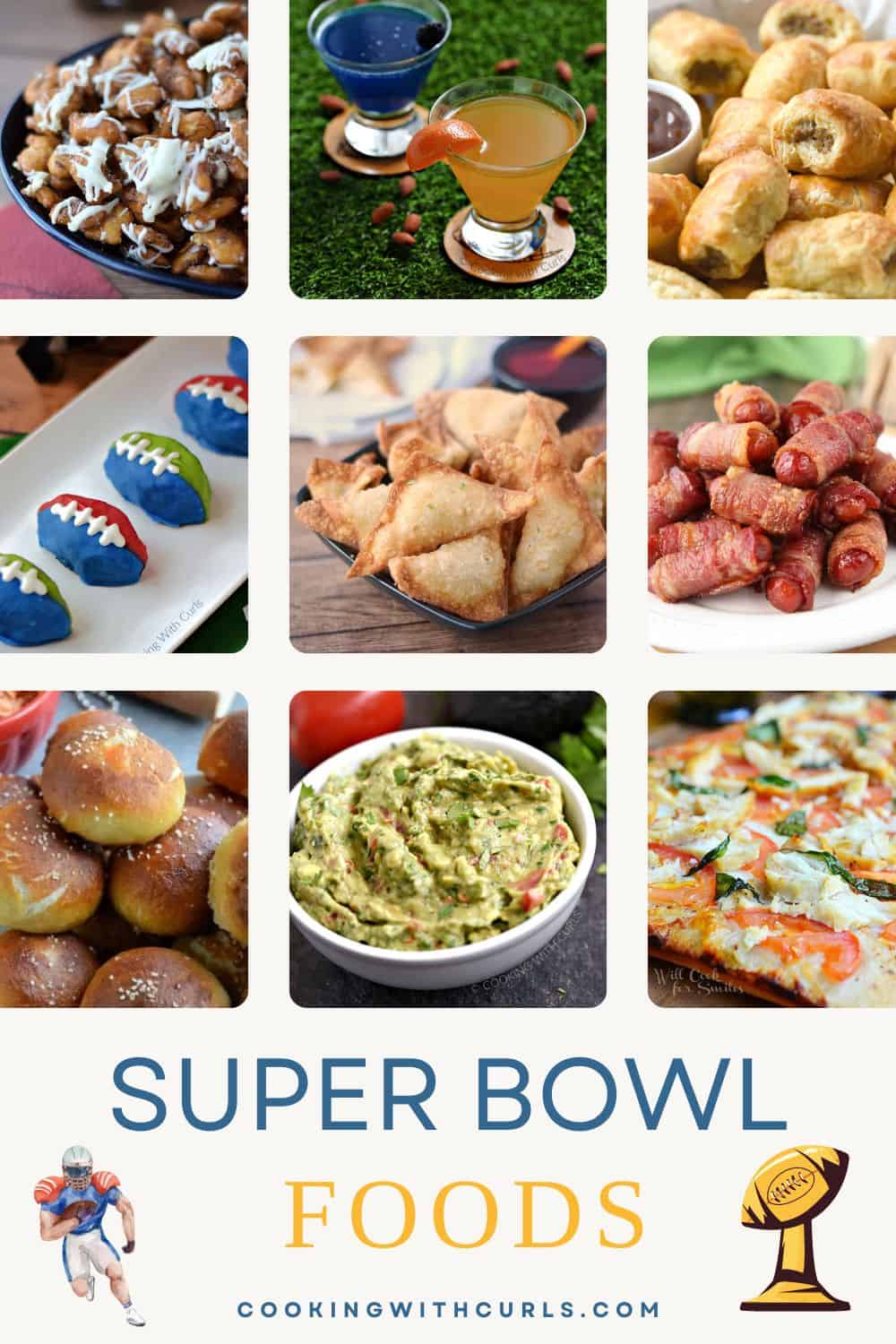 Super Bowl Foods collage with nine images of game day foods and title graphic across the bottom.