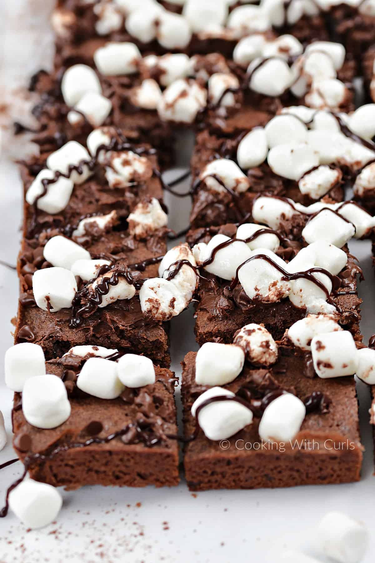 Ten chocolate brownies squares topped with melted chocolate and mini marshmallows. 