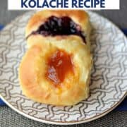 One apricot and one blueberry kolache on a small plate with title graphic across the top.