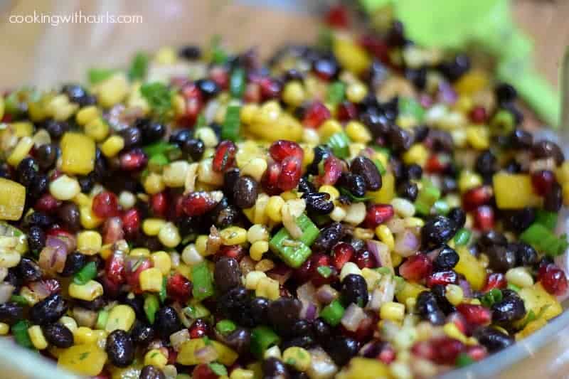 Black bean salsa ingredients mixed together in a large bowl 