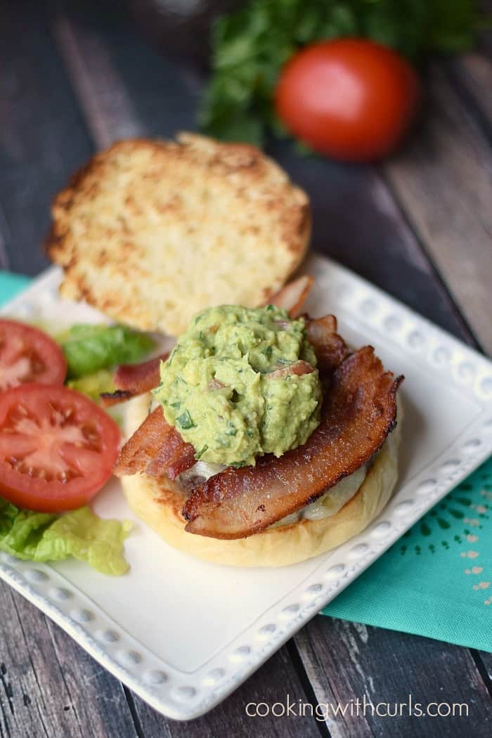 California Burgers with guacamole, cheese and thick-cut bacon! cookingwithcurls.com