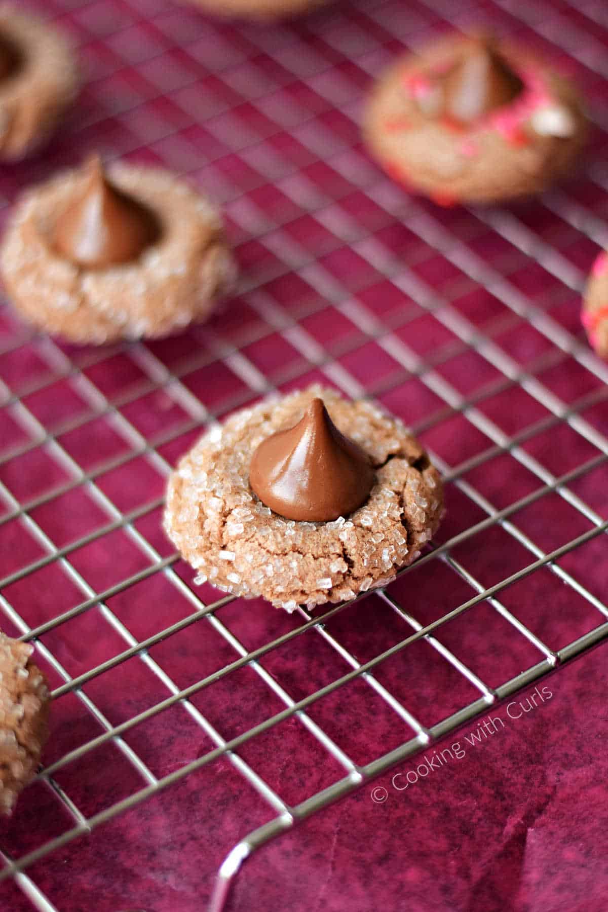 Chocolate Peanut Butter Blossom Cookies on a wire cooling rack.