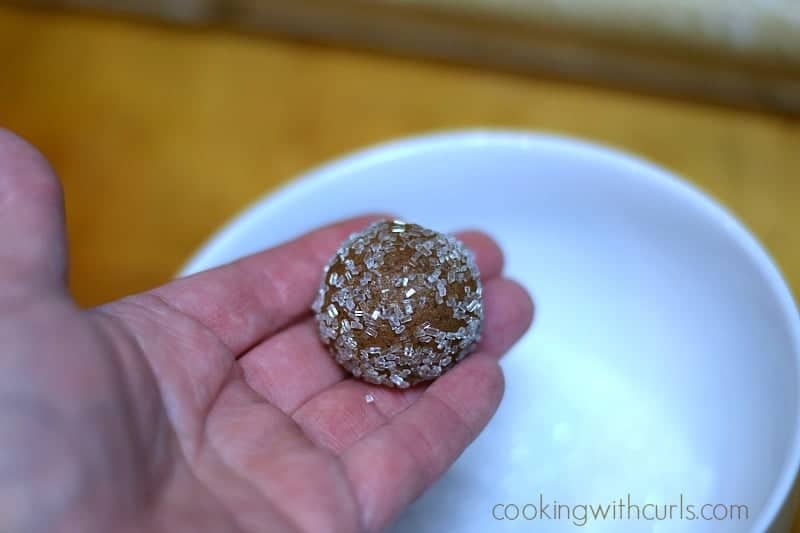 A hand holding a chocolate cookie ball that has been rolled in sugar crystals.
