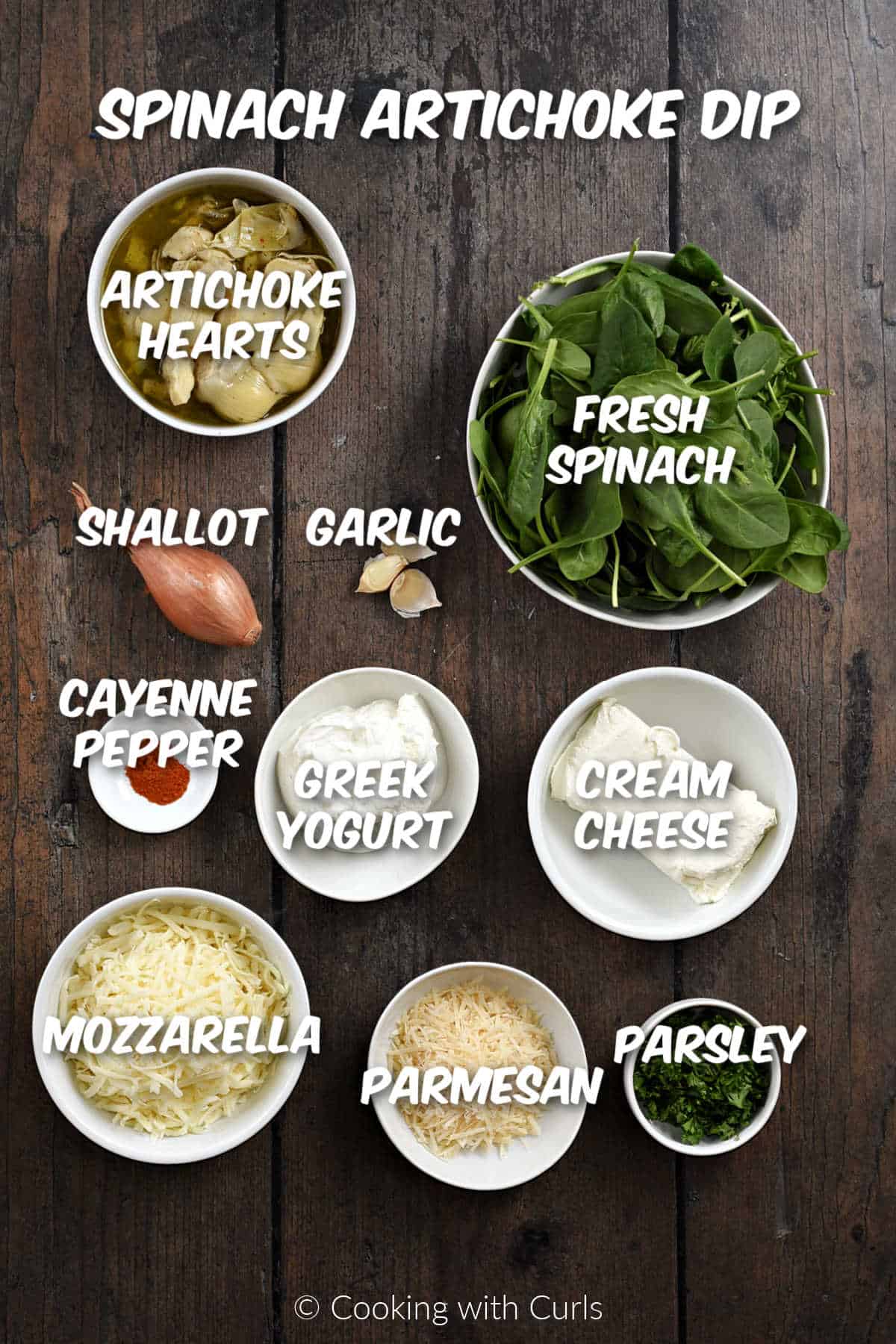 Ingredients to make spinach artichoke dip. 