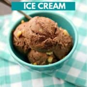 chocolate walnut ice cream in a turquoise bowl sitting on a turquoise and white checkered napkin with title graphic across the top.