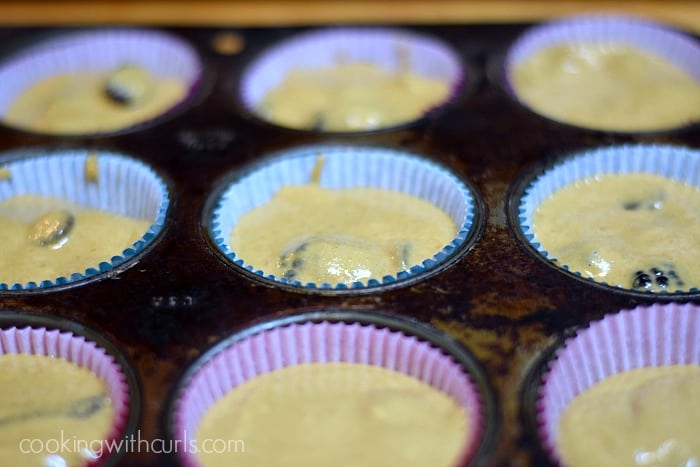 Blackberry muffin batter in 12 paper lined muffin cups.