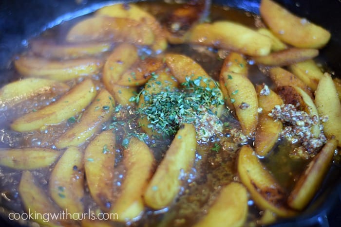 Thyme leaves and Dijon mustard added to the apples in cider sauce.