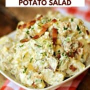 A bowl of bacon potato salad with title graphic across the top.