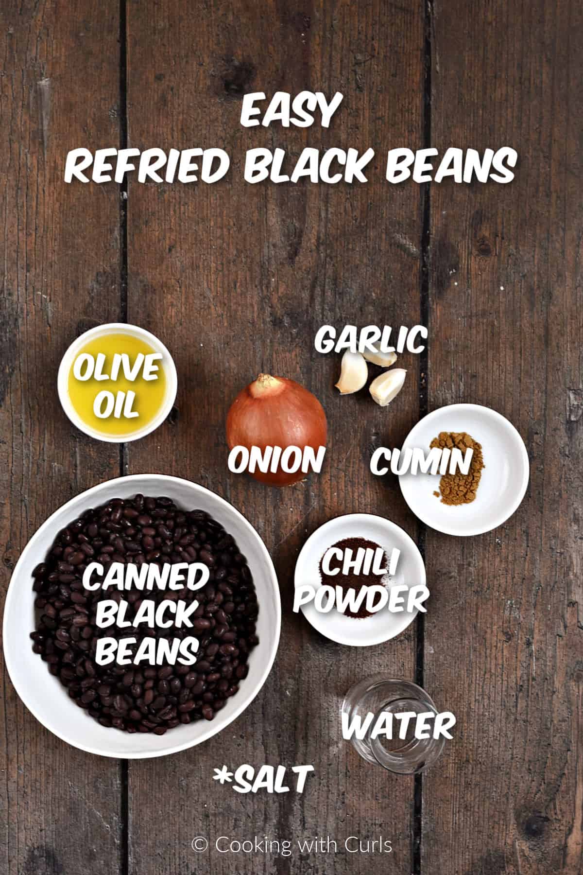 Ingredients needed to make refried black beans. 