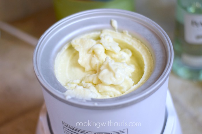 Frozen ice cream in an ice cream maker bowl.