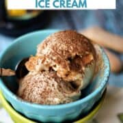 Two scoops of tiramisu ice cream in two stacked ice cream bowls with title graphic across the top.