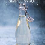Clear simple syrup in a glass bottle with a blue sponged background and title graphic across the top.