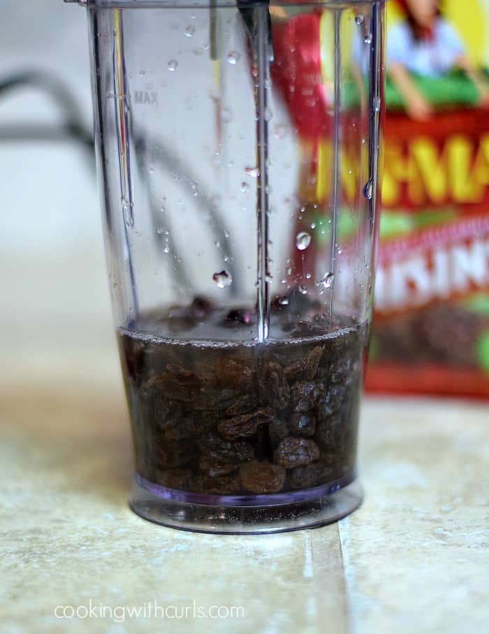Raisins and water in a blender container.