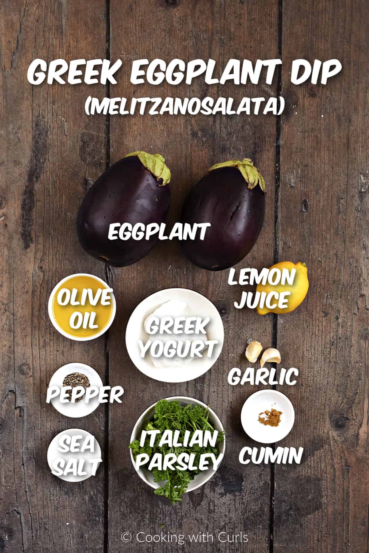 Ingredients needed to make Greek Eggplant Dip - Melitzanosalata. 