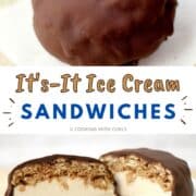 Two chocolate coated ice cream sandwiches, one on top one on the bottom with title graphic in the center.