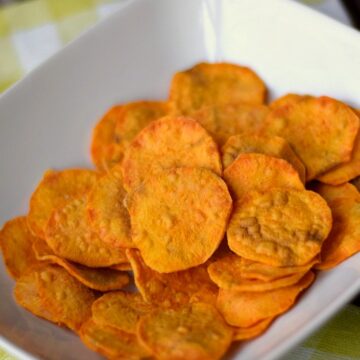 Sweet Potato Chips in a white, rectangle bowl