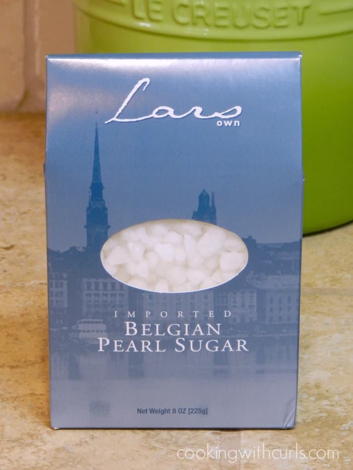 A blue box filled with imported Belgian Pearl Sugar.