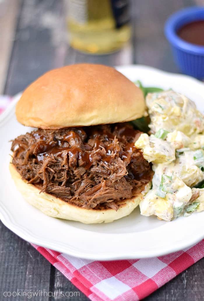 barbecue beef sandwich with a side of potato salad on a white plate that is sitting on a red and white check napkin