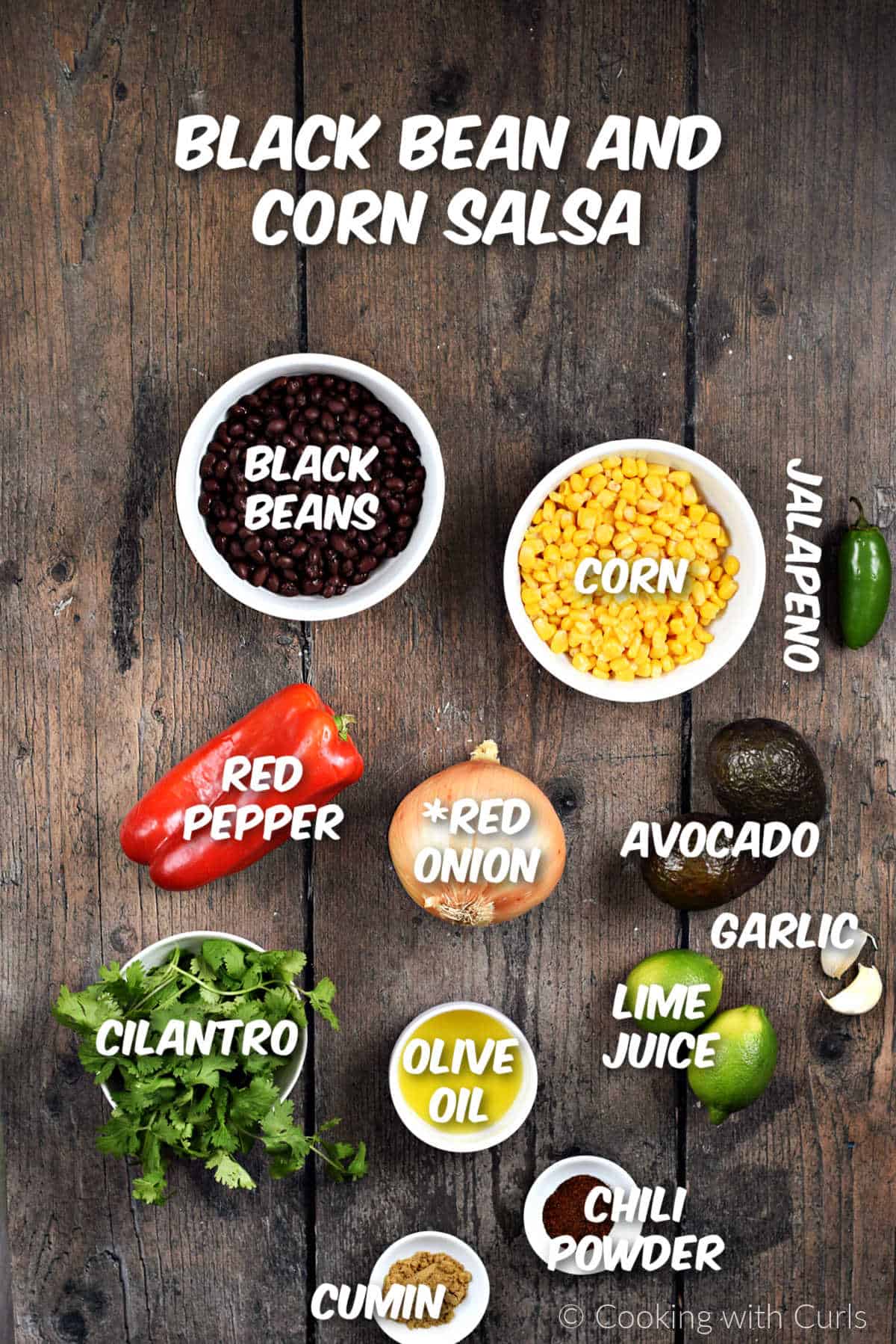 Ingredients needed to make black bean and corn salsa.