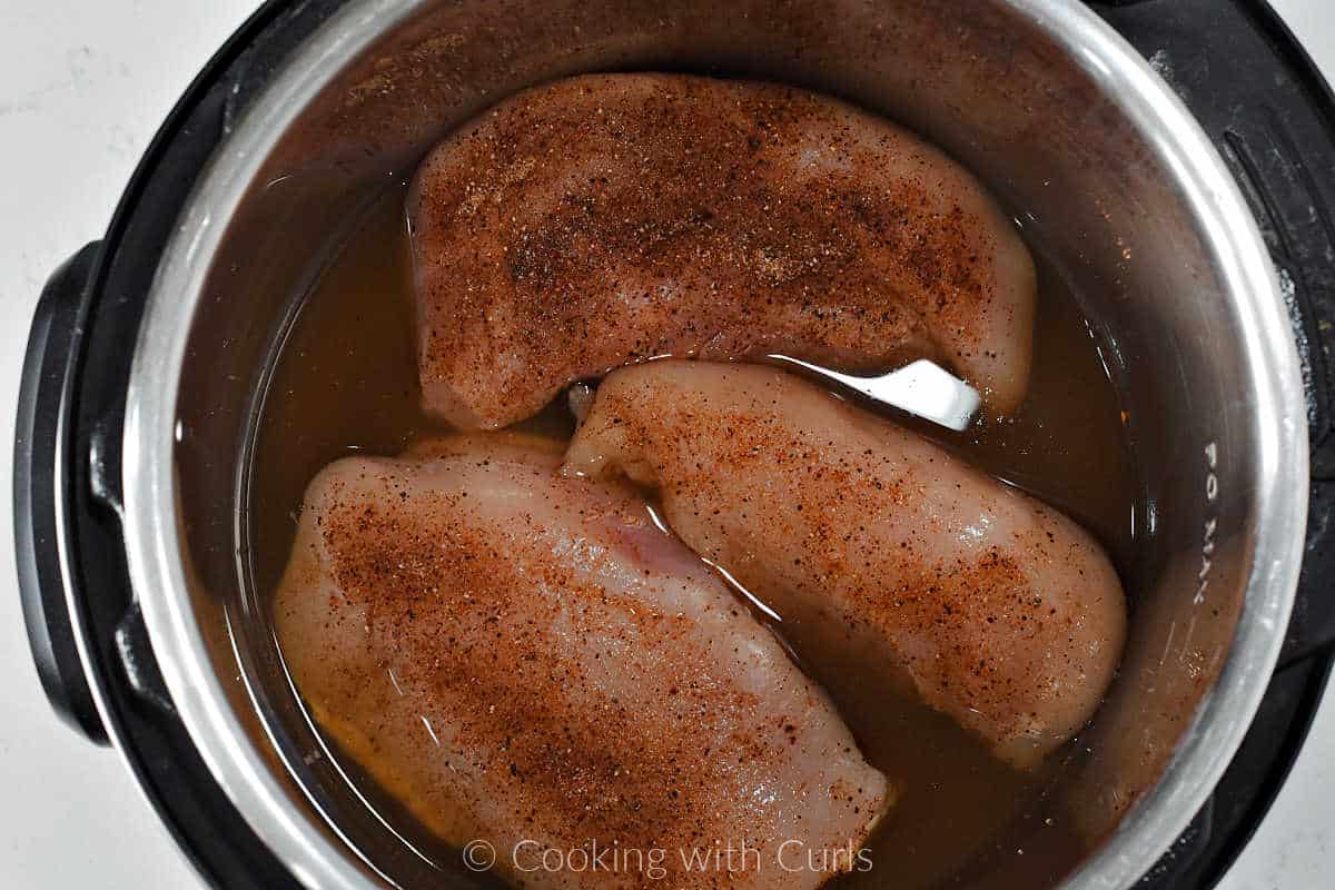 Three chicken breasts coated in southwest seasoning in a pressure cooker with chicken broth.