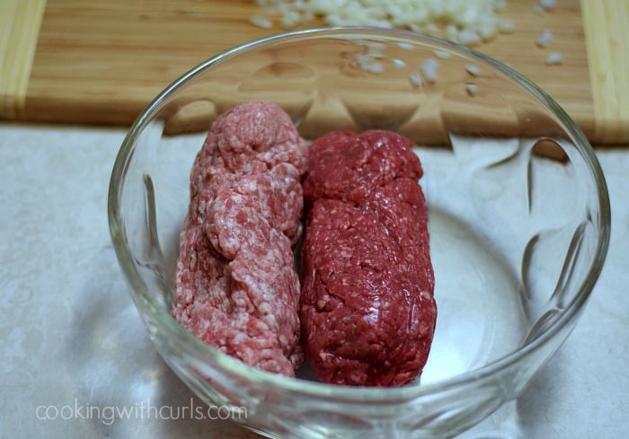 Ground beef and ground pork in a large bowl.