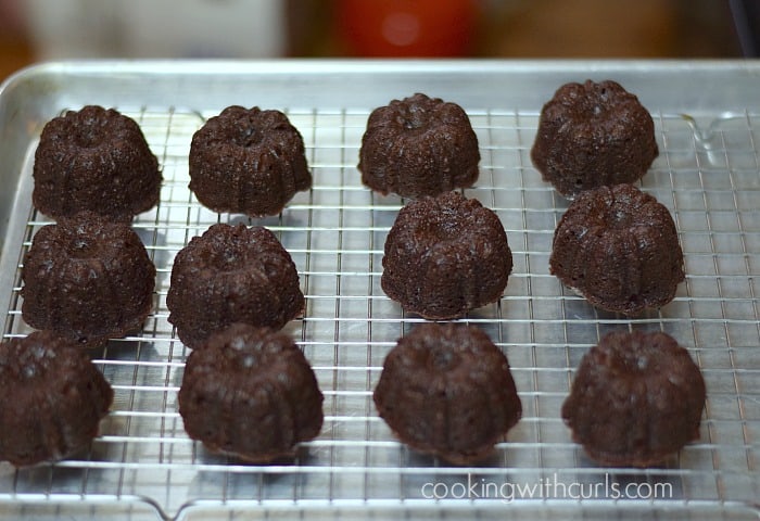 Twelve mini chocolate bundt cakes on a wire cooling rack.