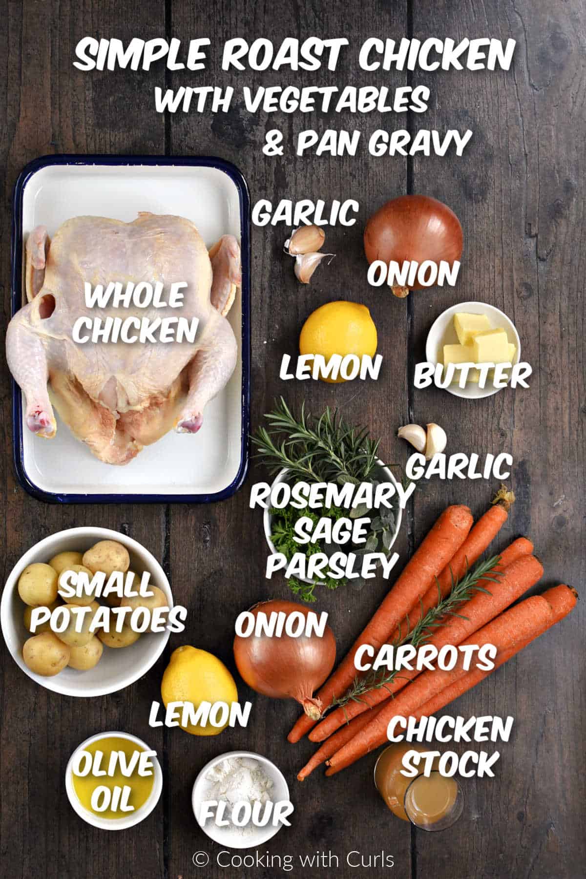 Ingredients needed to make simple roast chicken with herb butter, lemon, garlic, potatoes, and pan gravy. 