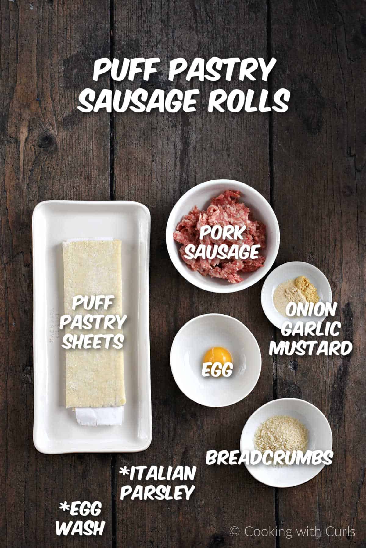 Ingredients to make puff pastry sausage rolls.