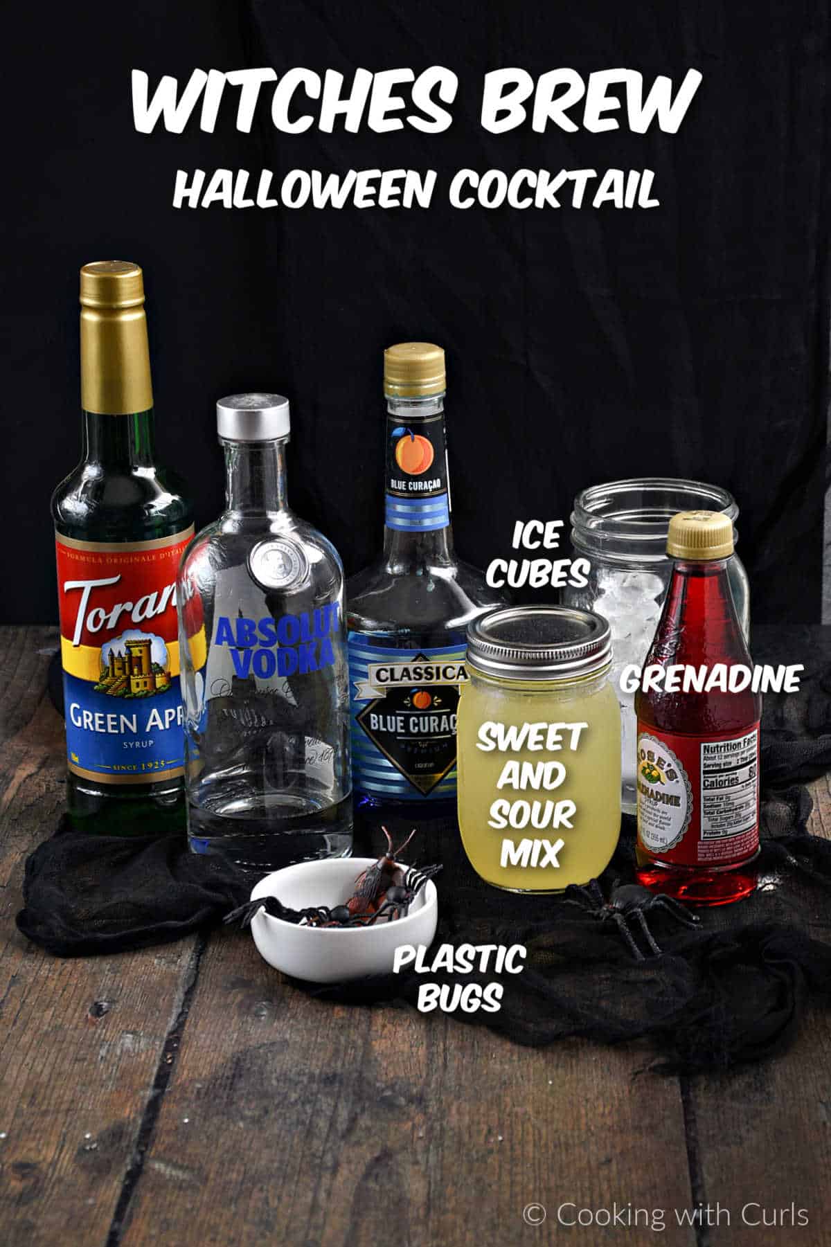 Ingredients to make Witches Brew Cocktail for Halloween.