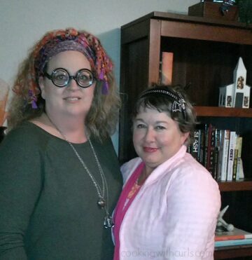 Two women dressed up as Professor Trelawny and Professor Umbridge.