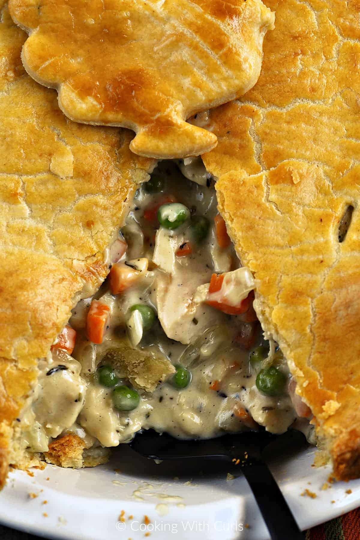 Looking down onto a cut out slice of turkey pot pie. 