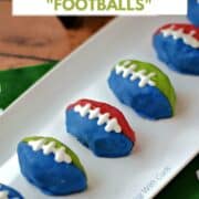 Six OREO cookie balls shaped footballs on a rectangle serving platter with title graphic across the top.