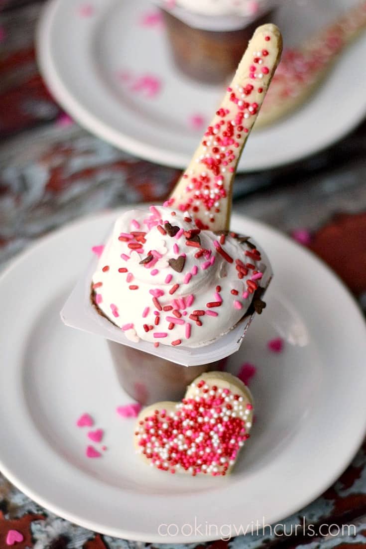 Chocolate pudding cup topped with whipped cream and sprinkles with a pie crust spoon sticking out the side