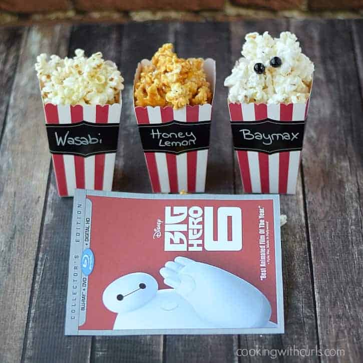 Big Hero 6 Movie Night with Wasabi, Honey Lemon, and Baymax White Chocolate Popcorn | cookingwithcurls.com #Ad #BigHero6Release