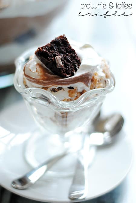 Brownie and Toffee Trifle in a decorative dessert glass.