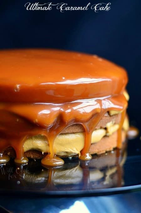 Ultimate Caramel Cake with caramel dripping down the sides.