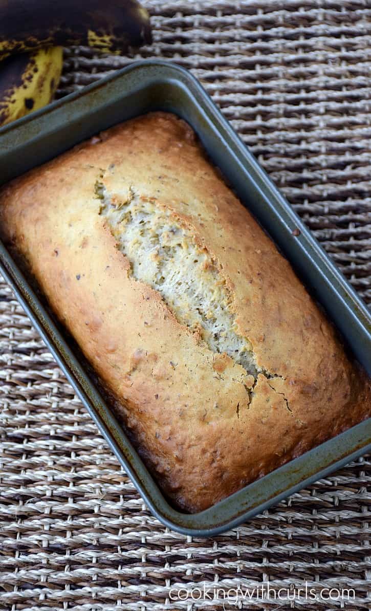 Baked Banana Nut Bread in a loaf pan.