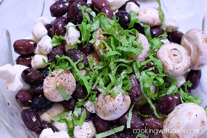 Marinated Olives Mushrooms and Mozzarella basil cookingwithcurls.com