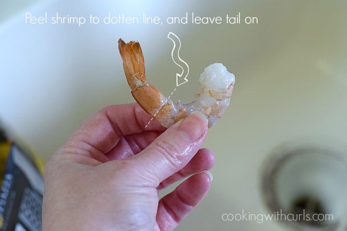 A hand holding a raw shrimp with a line showing where to peel the shell off to.