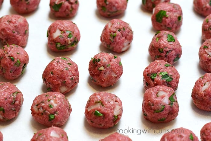 Rows of meatballs lined up.