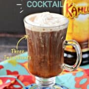A coffee cocktail in a tall glass mug topped with whipped cream, with a bottle of Kahlua in the background and title graphic across the top.
