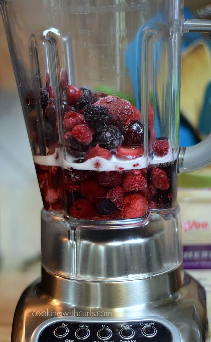 Frozen blackberries, raspberries, blueberries, and strawberries and white wine in a blender.