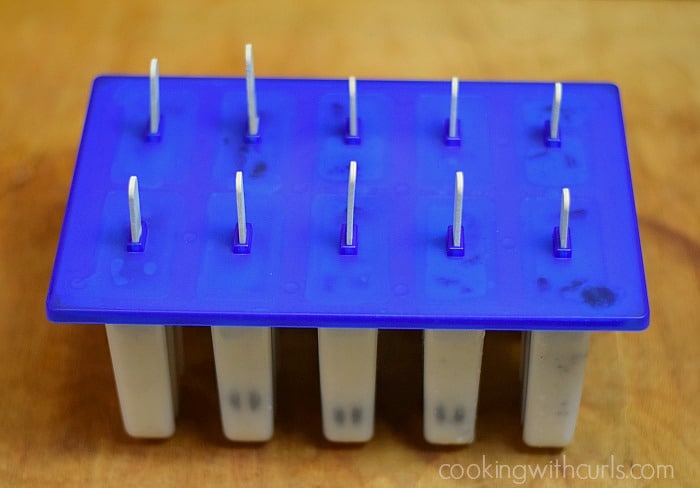 Ten popsicle molds filled with mixture and topped with a lid that holds the popsicle sticks upright.