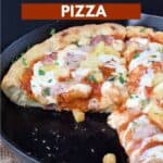 Deep dish pizza topped with cheese, tomato sauce, ham wedges, and mozzarella cheese with title graphic.