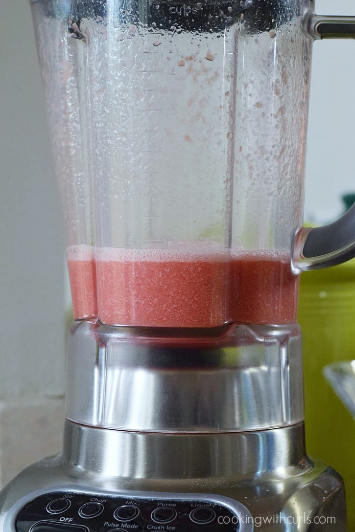 Pureed watermelon in a blender.