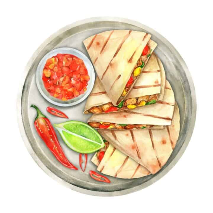 Quesadilla wedges on a platter with salsa graphic image.