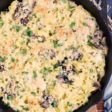 overhead view of tuna noodle casserole in a cast iron skillet
