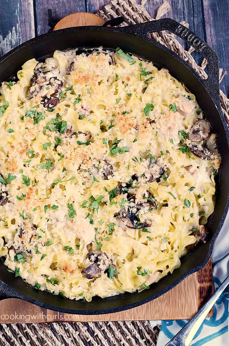 overhead view of tuna noodle casserole in a cast iron skillet