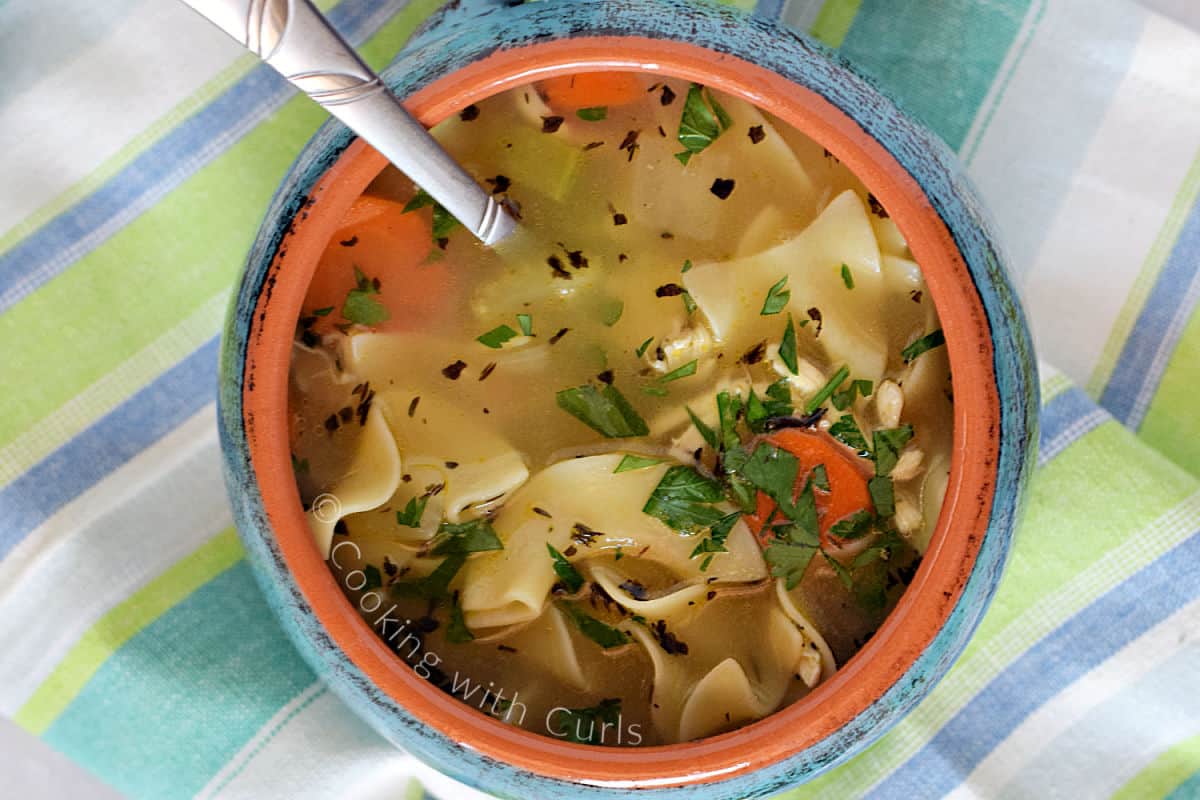 A bowl of homemade chicken noodle soup with carrots and parsley with a spoon resting on the bowl.