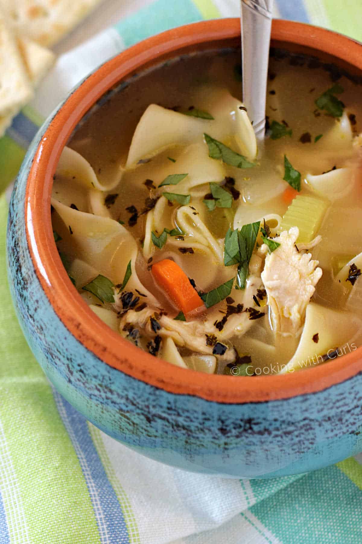 A bowl of homemade chicken noodle soup with spoon in the center.